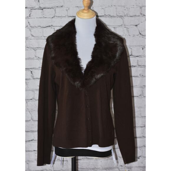 NYGARD Collection Brown Rabbit Fur Collar Silk-blend Cadigan Sweater Size 10/12 - Picture 1 of 8